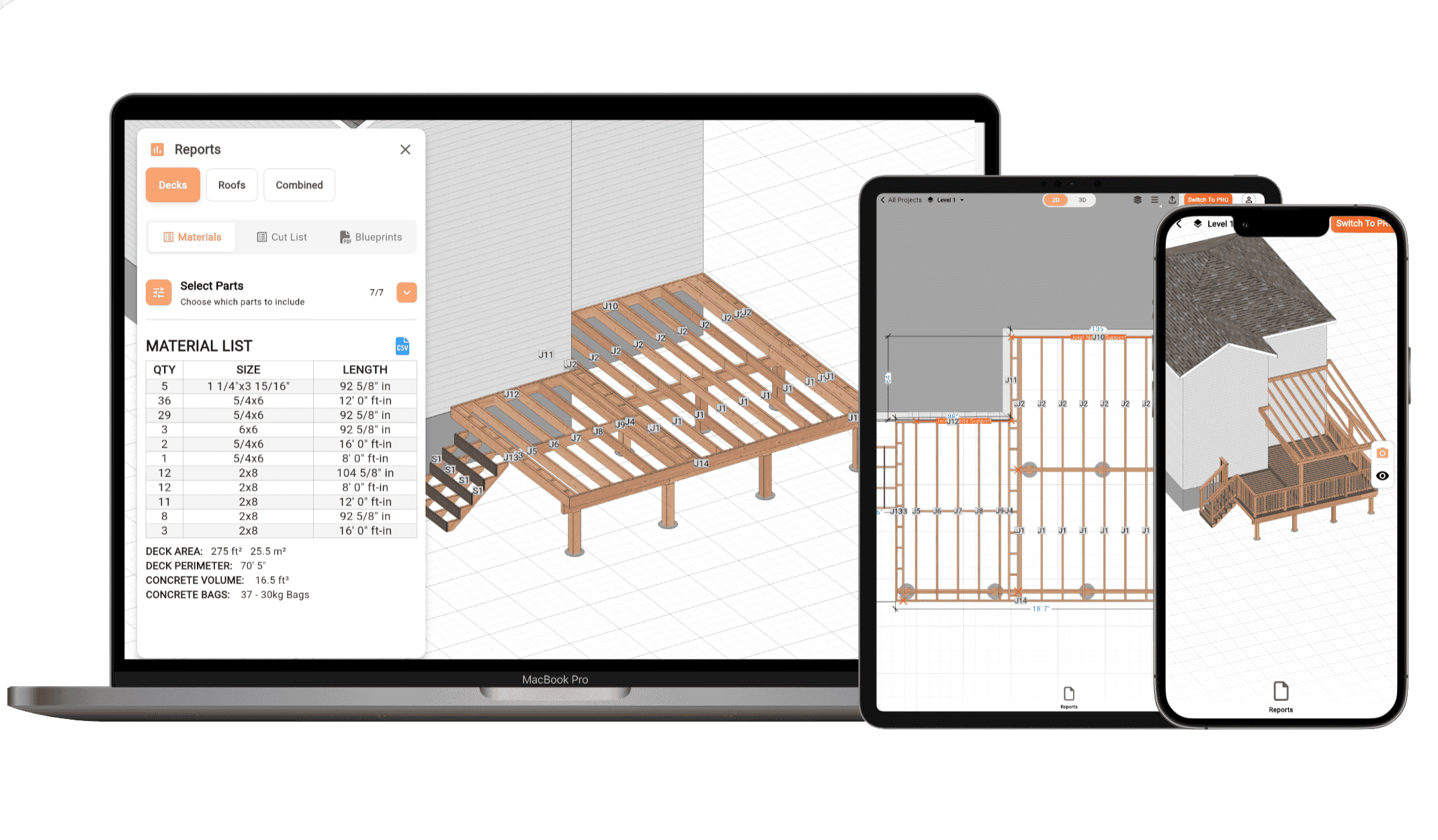 RedX Decks App showing custom deck design with automatic joist layout and blueprint