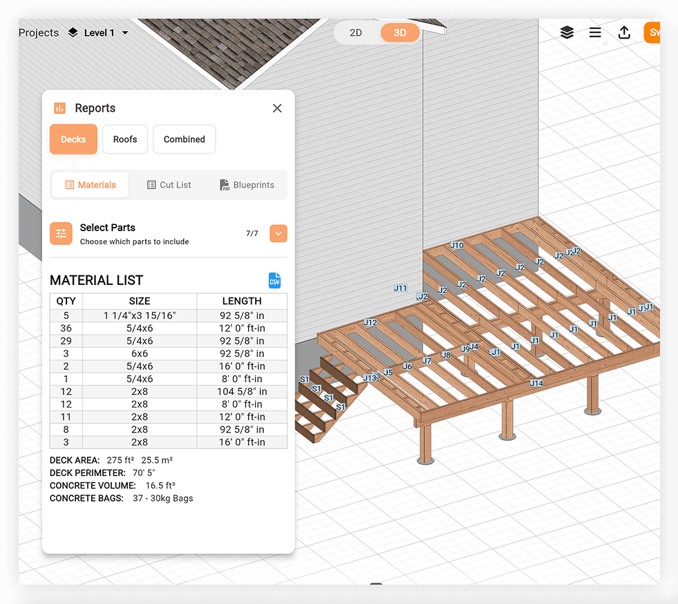 Deck cut list and material list showing board quantities, lengths, and beam sizes