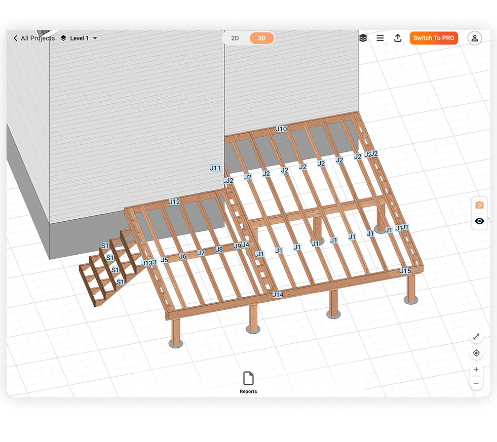 Custom deck builder showing L-shaped deck with automatic beam and joist layout