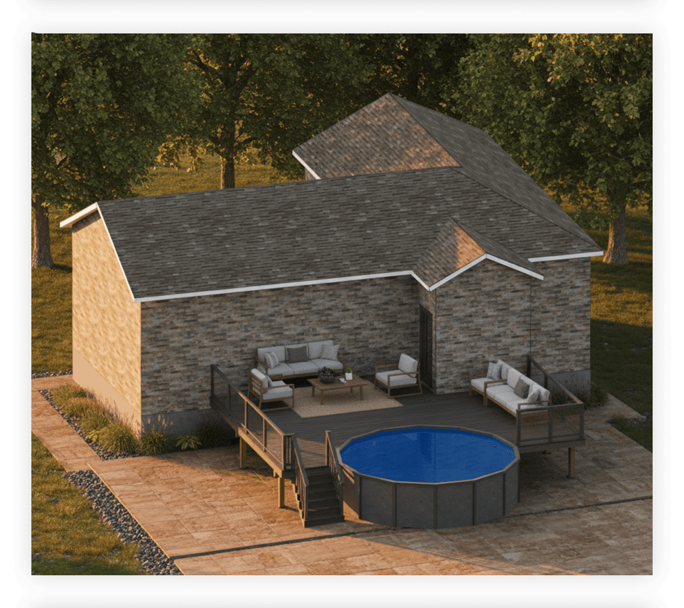 Realistic 3D render of a custom deck showing decking boards, railings, and stairs