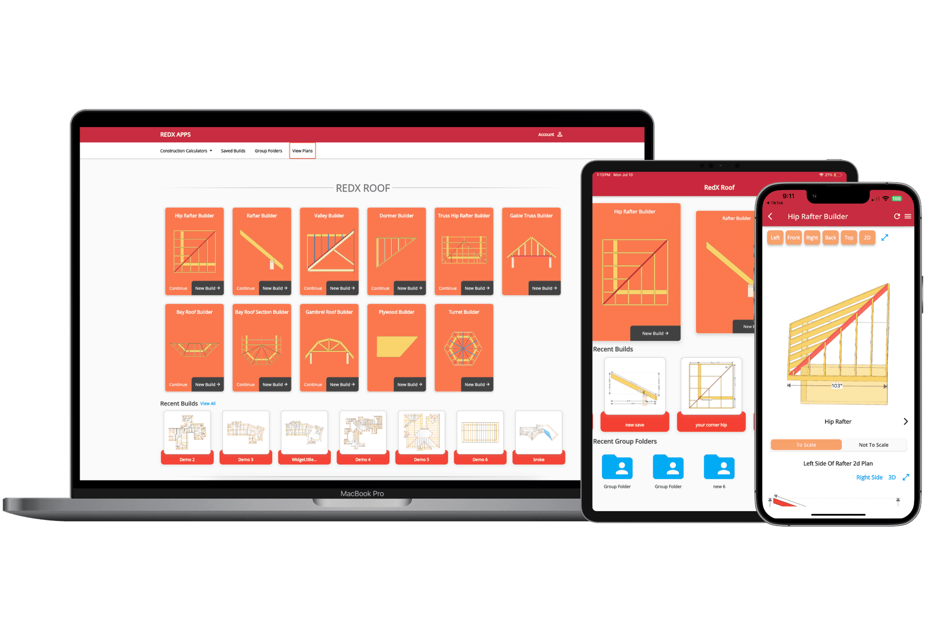 RedX roof calculator app on phone, tablet, and desktop showing truss designs
