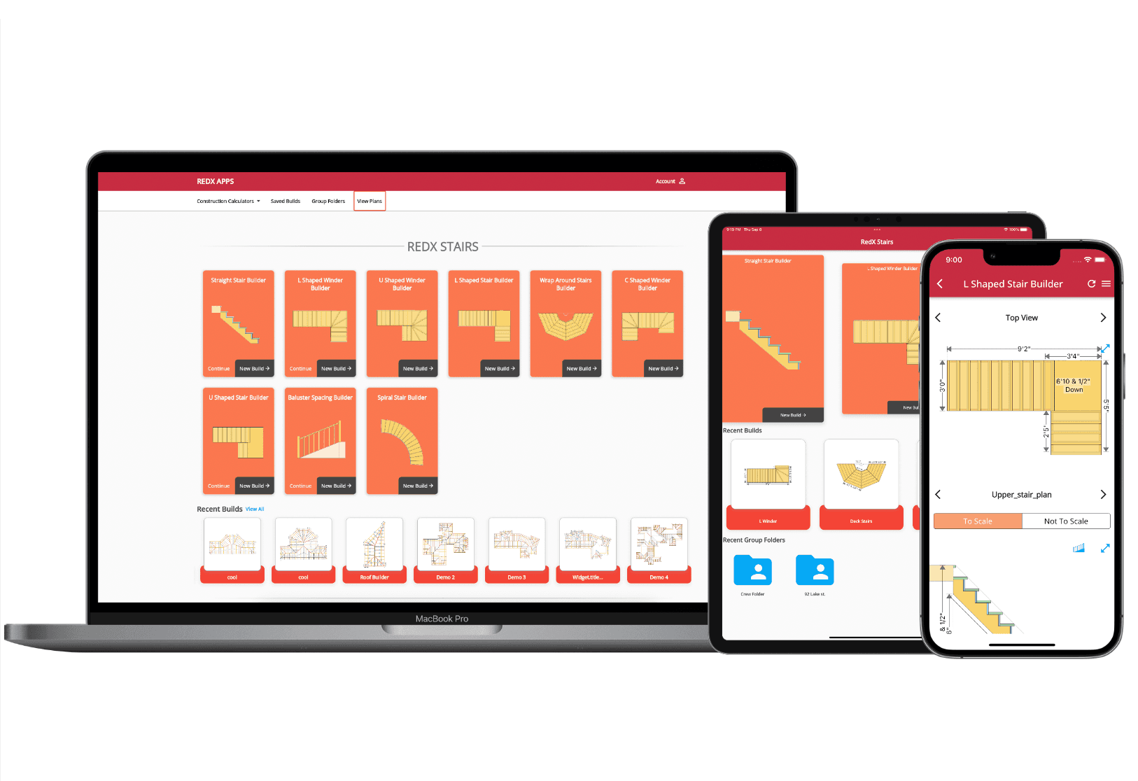 RedX Stairs App showing straight stair layout with stringer calculations and cut list