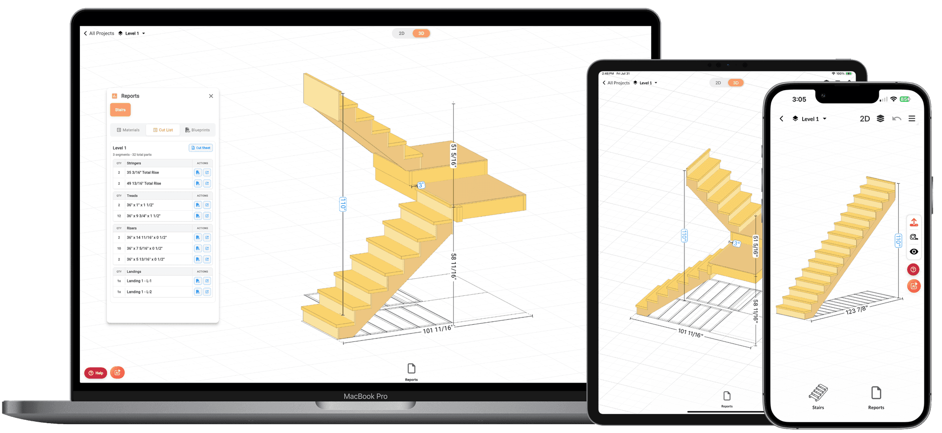 RedX Stairs App showing straight stair layout with stringer calculations and cut list
