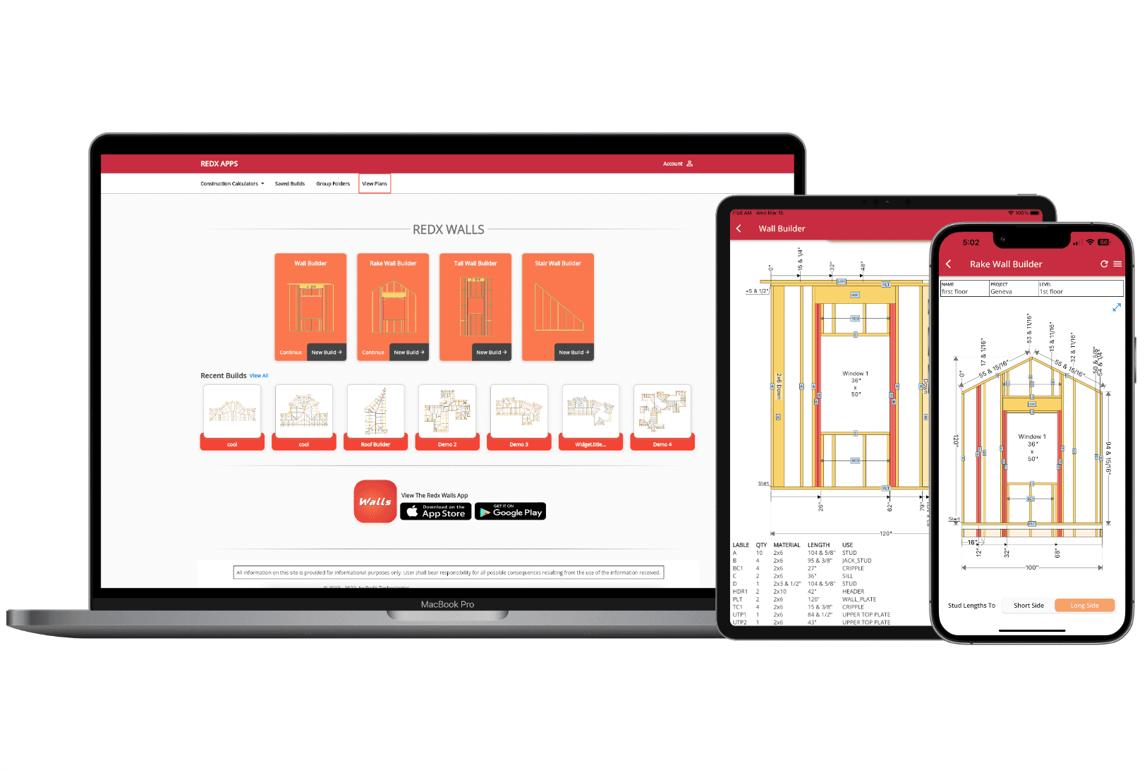 RedX Wall Builder showing straight wall framing with stud layout, doors, windows, and cut list