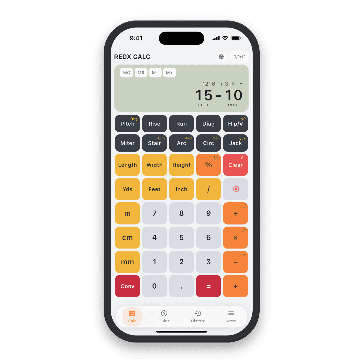 Feet and inches calculator adding 12' 6" and 3' 4" with the result 15' 10"