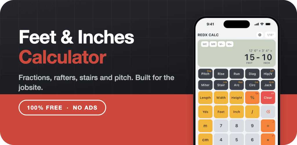 RedX Calc construction calculator app showing feet and inches math with rafter and stair keys