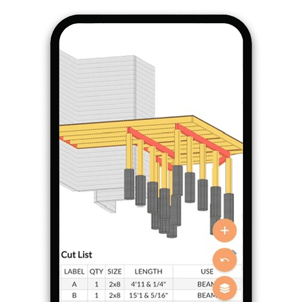 Deck design software showing beam and post placement over a footing layout