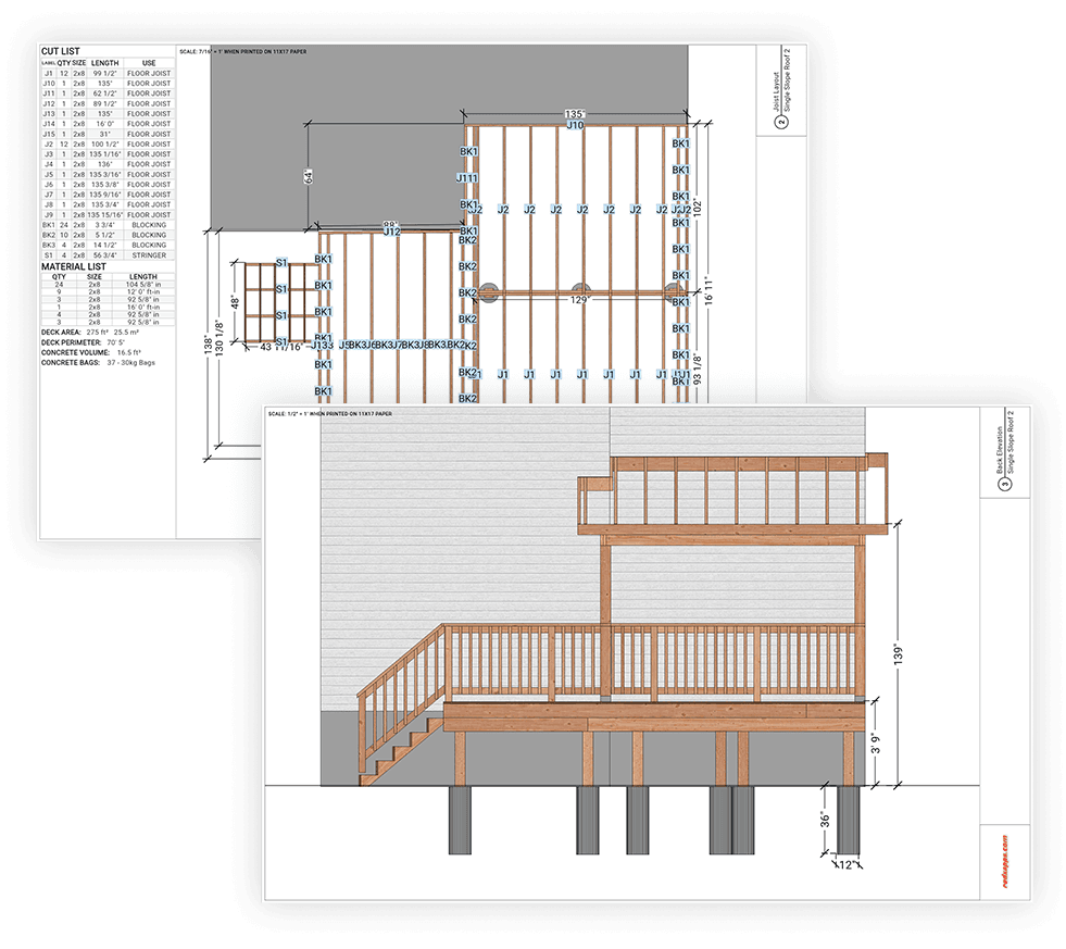 Dimensioned deck blueprint showing post and footing locations