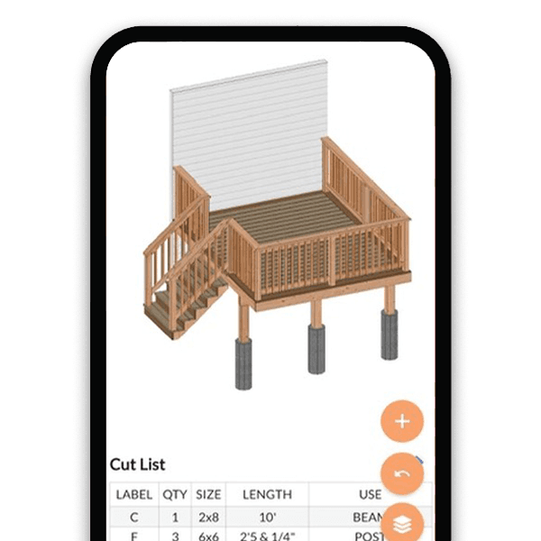 3D deck builder showing an attached deck framed off a house wall