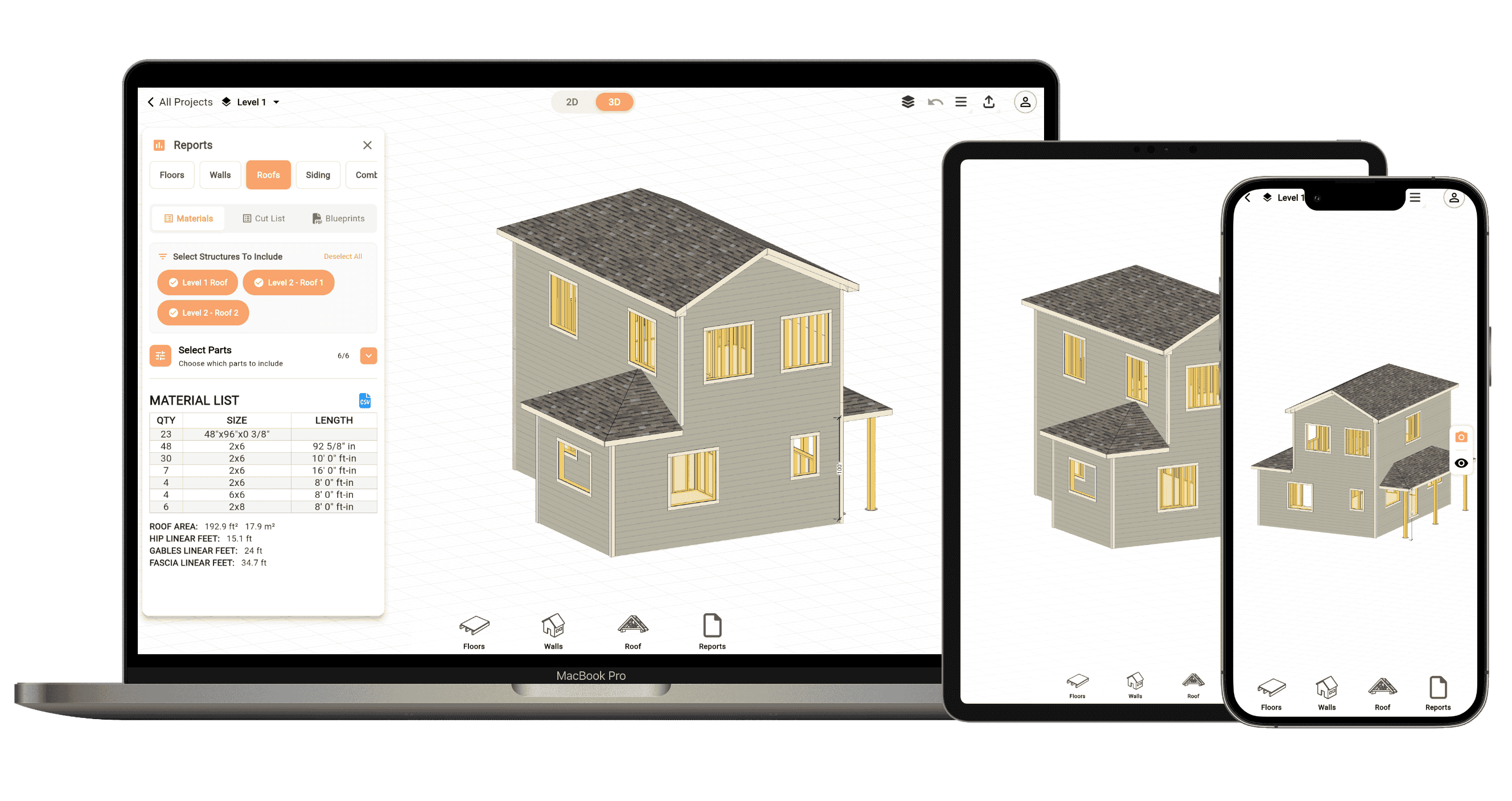 RedX Apps House Plan Builder showing floor plan with interior walls, roof, and siding