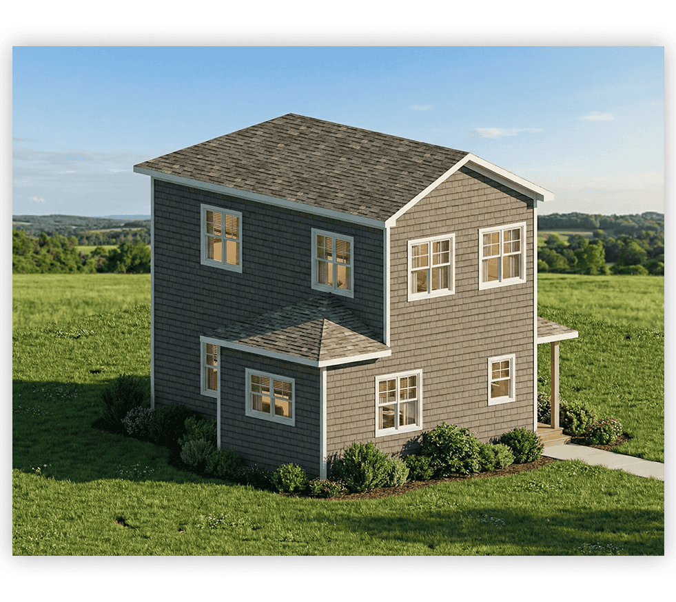 Realistic 3D render of a house exterior showing siding, roof, windows and trim