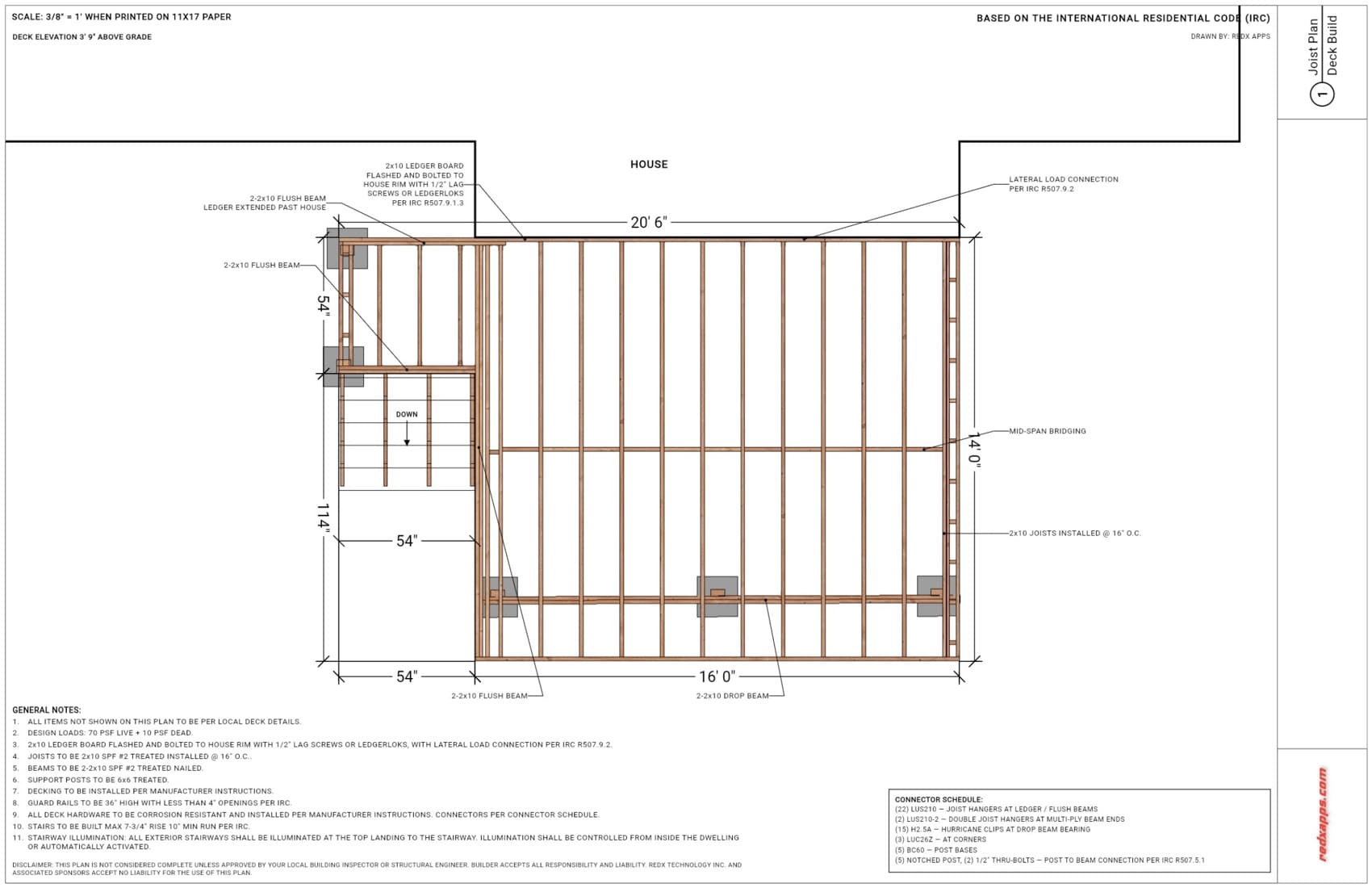 Professional deck joist plan sheet with joist spacing, ledger detail and connector schedule