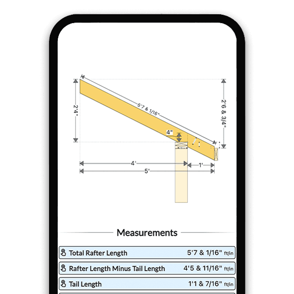 RedX rafter calculator showing a common rafter with pitch, run, and birdsmouth dimensions