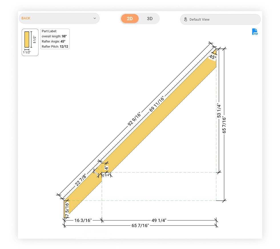 Individual rafter inspector showing rafter length, plumb cut, seat cut, and bird's mouth dimensions