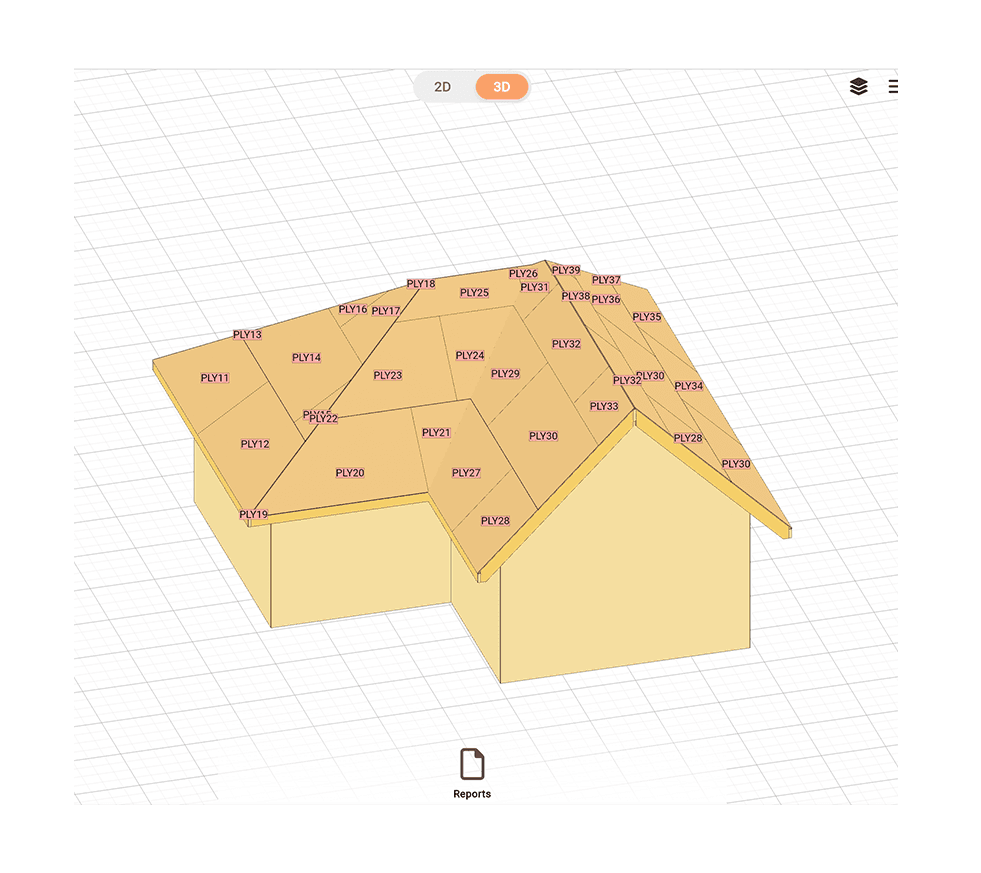 Roof plywood layout showing sheet placement, cut angles, and total sheet count across the roof surface