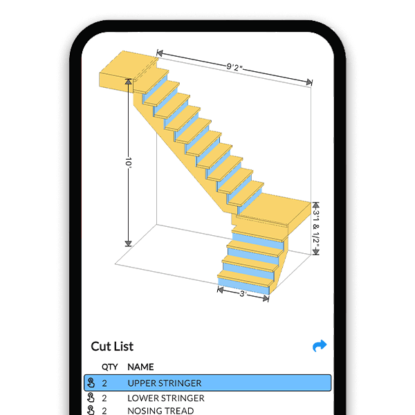 L-shaped stair with landing calculator showing two flights and an intermediate platform