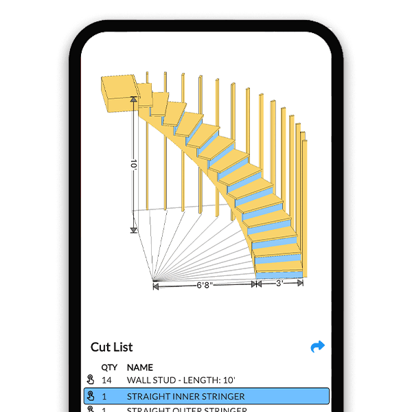 Spiral stair calculator showing tread rotation, diameter, and riser dimensions around a center pole