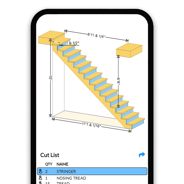 Straight stair calculator displaying riser height and tread depth against code limits