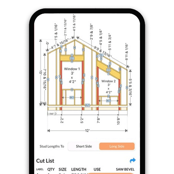 Rake wall calculator showing individual stud lengths and bevel angles for a gable end wall