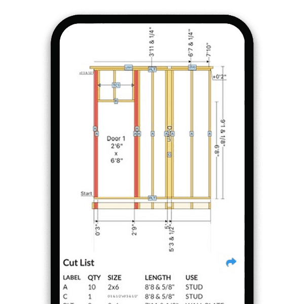 Wall framing calculator showing stud layout with door opening and cut list
