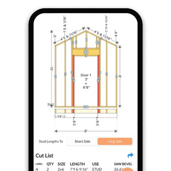 Rake wall framing diagram showing angled top plate with individually calculated stud lengths