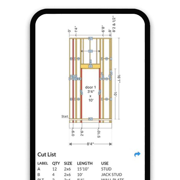 Wall framing software showing tall wall with doubled studs and beam pockets