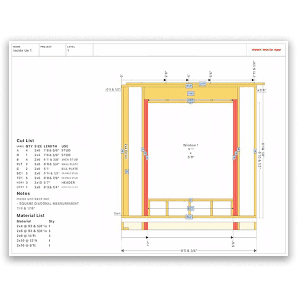 Wall framing cut list showing stud quantities, sizes, and lengths