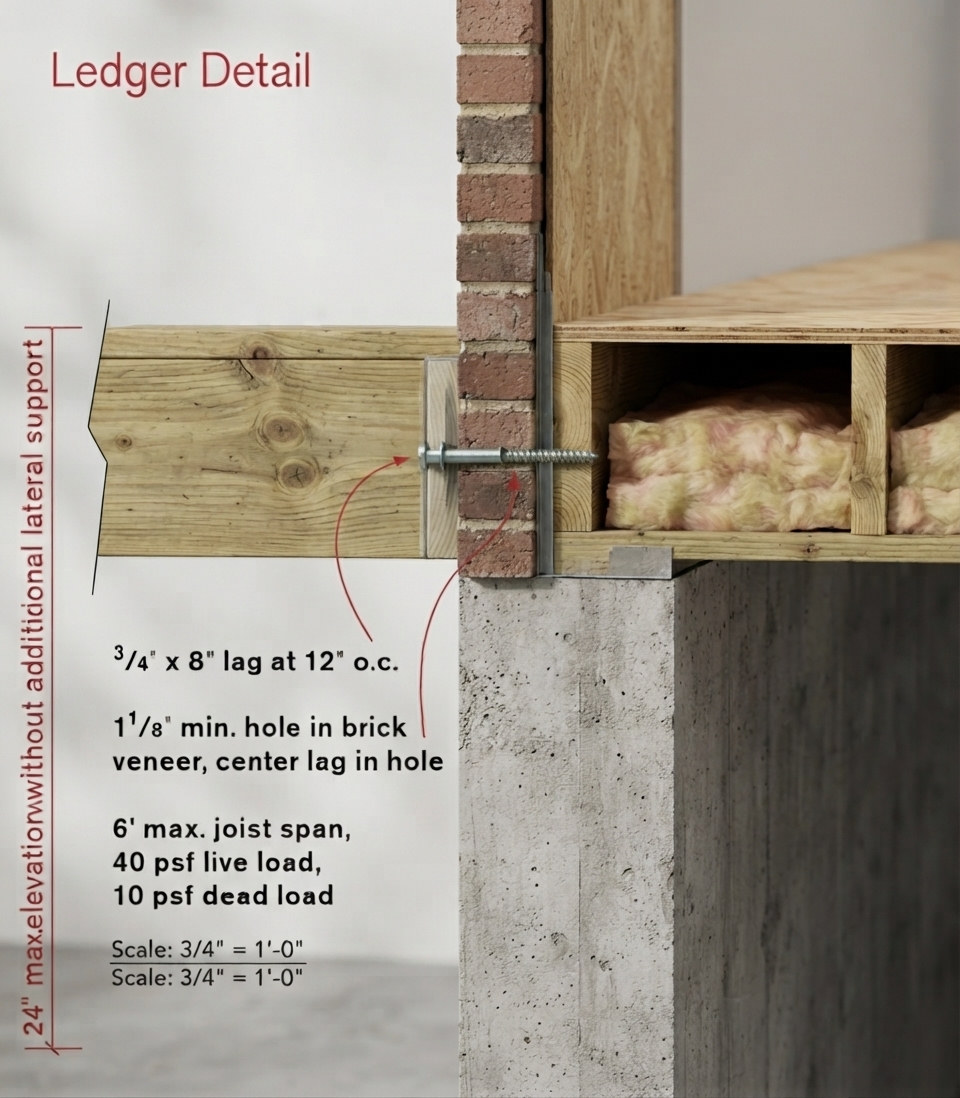 Deck ledger detail at brick veneer: section showing a 3/4 by 8 inch lag at 12 inches on center centered in a 1-1/8 inch minimum clearance hole in the brick veneer into the house rim, with 6 foot maximum joist span, 40 psf live plus 10 psf dead load, and 24 inch maximum elevation without additional lateral support