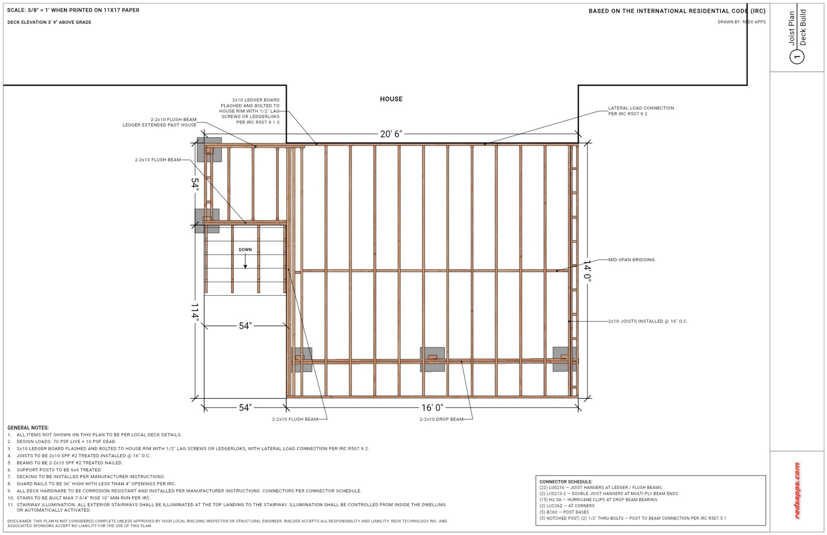 Professional deck joist plan sheet with joist spacing, ledger detail and connector schedule