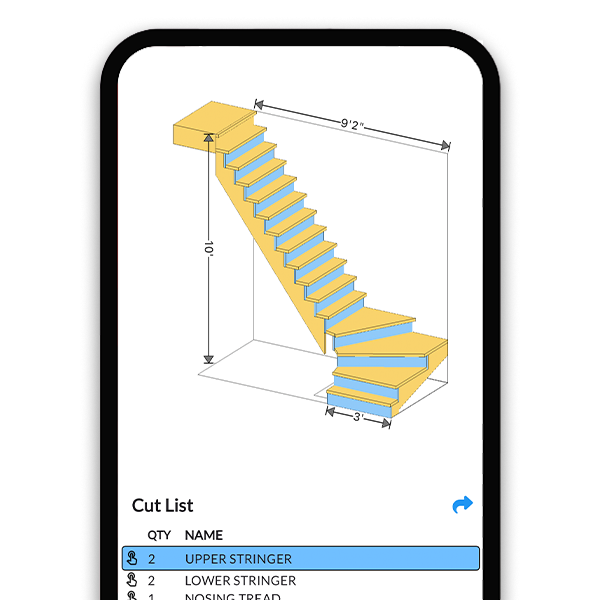 L-shaped winder stair calculator showing pie-shaped winder treads turning the corner in 3D
