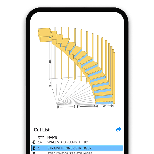 Spiral staircase calculator showing a 3D spiral stair with curved stringers and center column