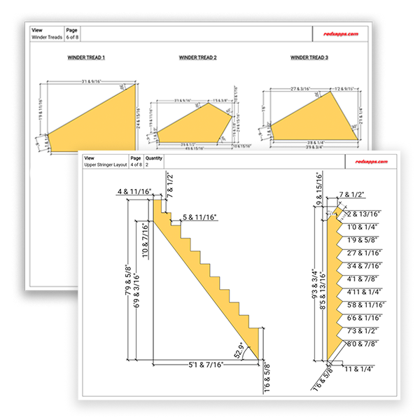 Stair blueprints generated by the 3D stair calculator: dimensioned stringer layout ready to cut
