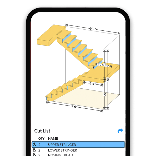 U-shaped switchback stair calculator showing a 3D staircase with landing between opposing flights